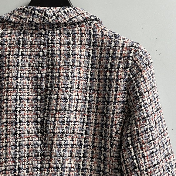 Anne Klein Blazer Womens M Blue Tweed Boucle Knit Jacket Open Front Long Line - Picture 10 of 15